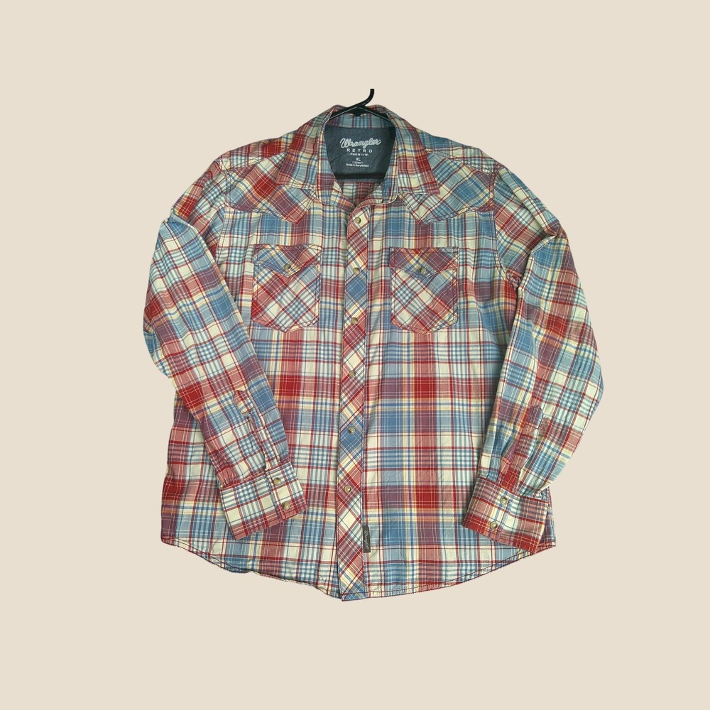 Wrangler Retro Premium Men's XL Red Blue Plaid Western Pearl Snap Shirt
